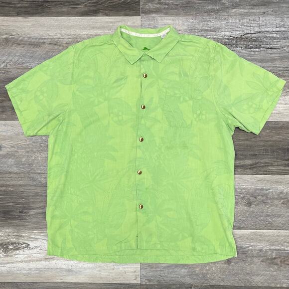 Tommy Bahama Silk Shirt Green Mens XL Ripstop Floral Tropical AOP Button Up - Picture 2 of 9